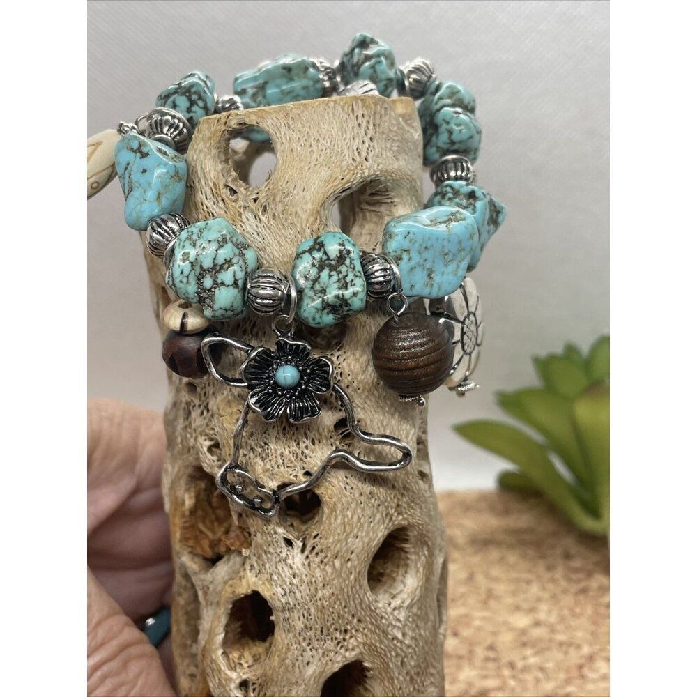 Turquoise Nugget Stretch Bracelet Feather Cactus Cow Western Bead Wood Flower - Picture 10 of 15